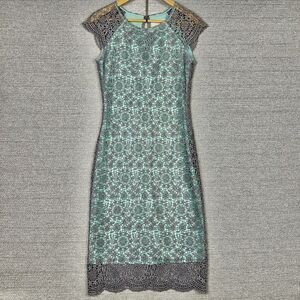 Mignon Doo Dress Size 2 Gold Metallic Crochet Overlay Aqua Lining Glam Luxe Midi